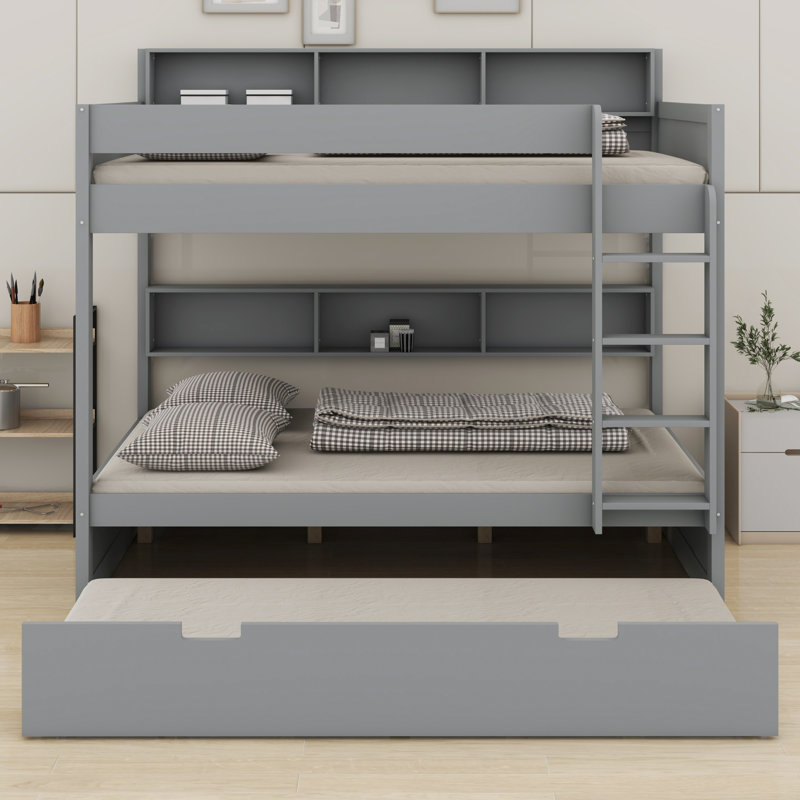 Bunk Bed Frame with Trundle and Built-in Storage Shelves, Gray, Full over full