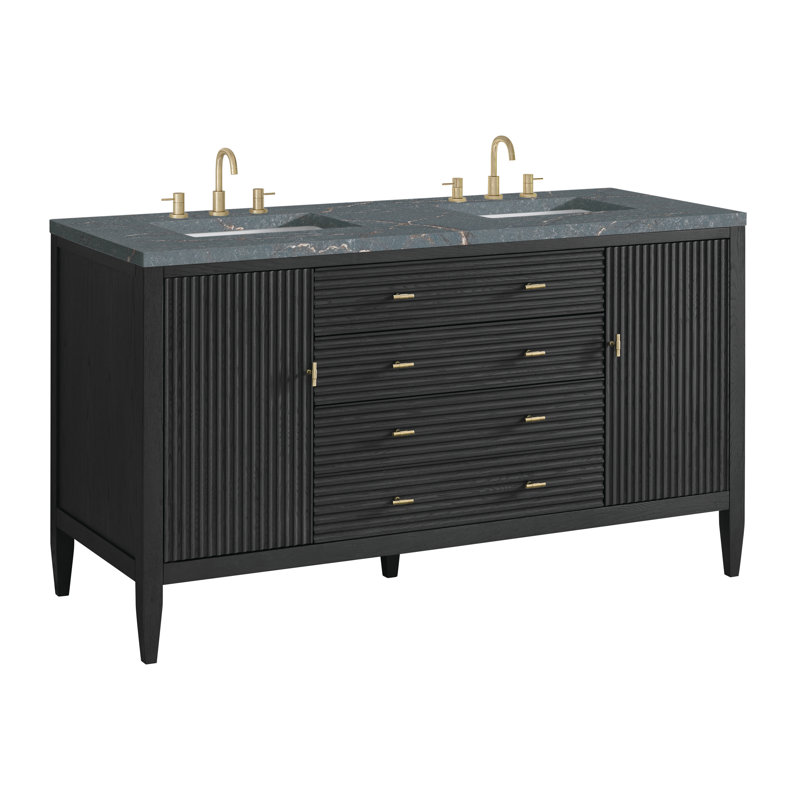 Myrrin 60'' Double Bathroom Vanity with Top, Carbon Oak, Parisian Blue, 8" Widespread