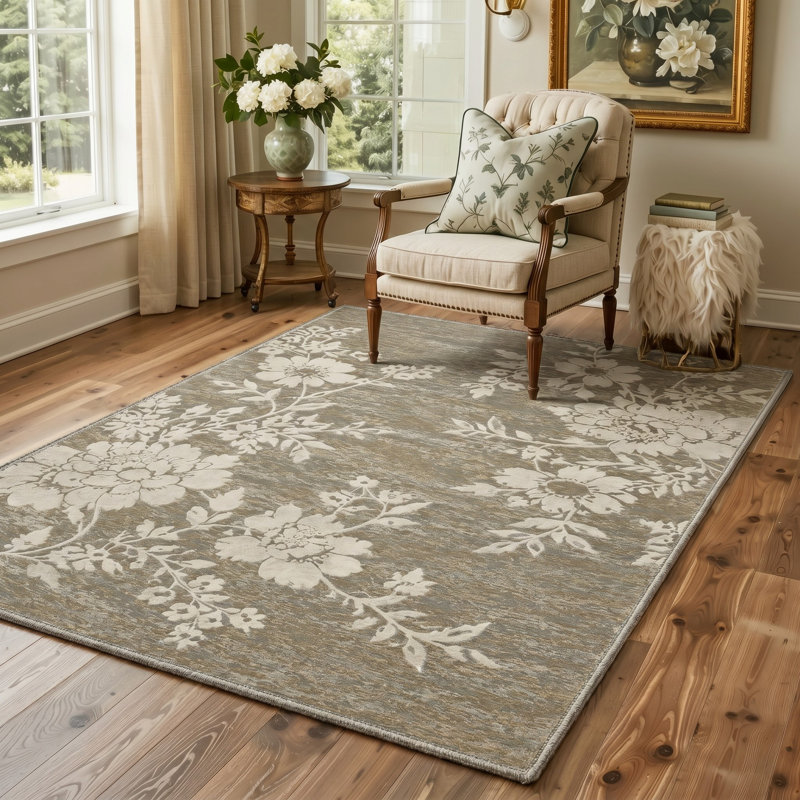 Tapis floral gris / ivoire lavable à la machine avec envers antidérapant, Rectangle 5 pi x 7 pi