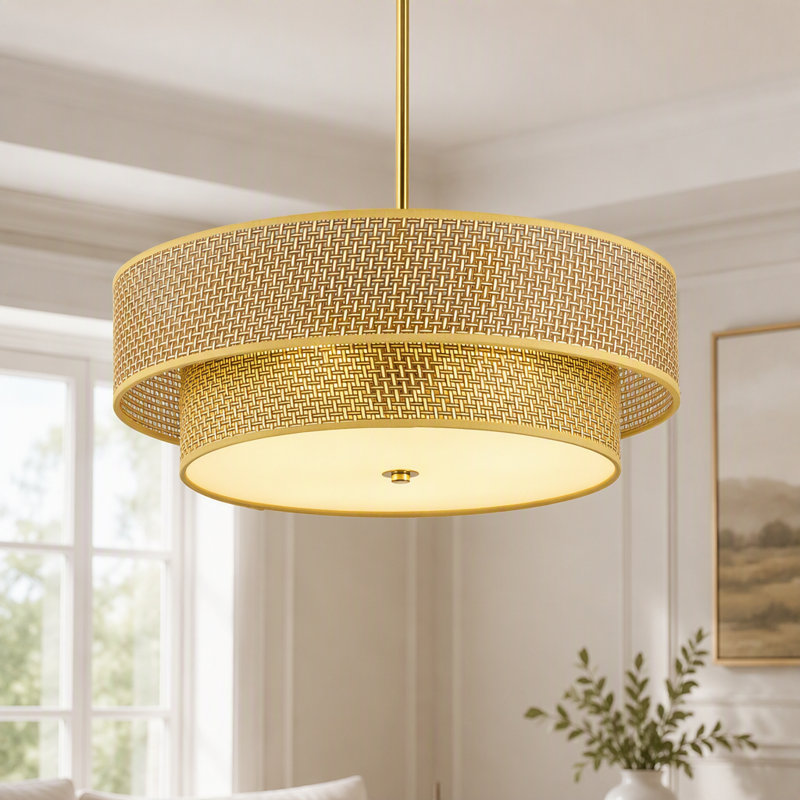 Plafonnier semi-encastré en rotin tressé et lin de 45 cm (17,7 pouces), style bohème moderne, lampe à tambour