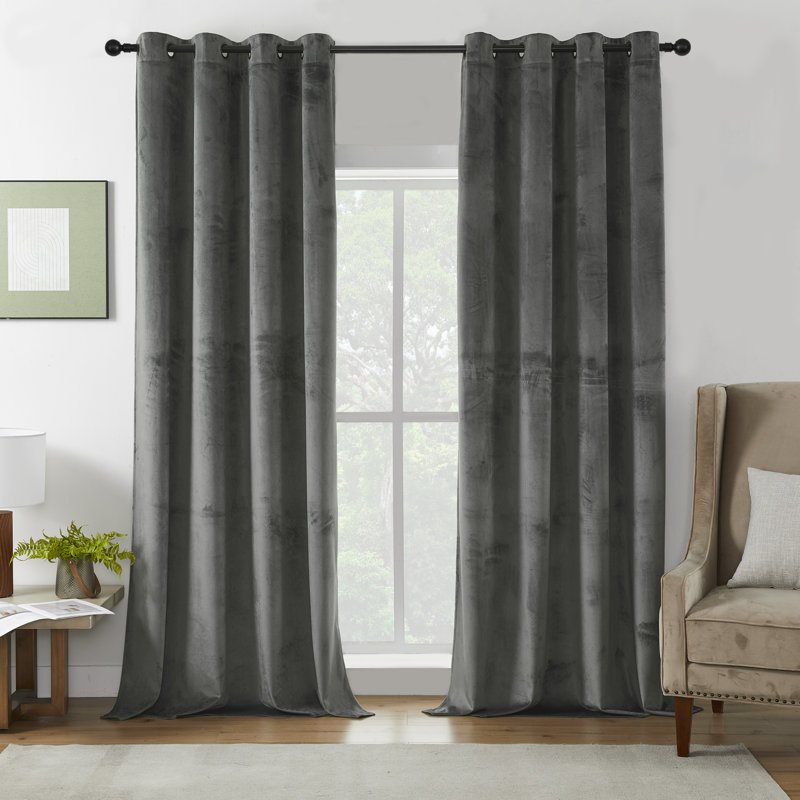 Deavion Velvet Solid Color Metal Grommets Room Darkening Curtain Panels, 52" W x 108" L, Dark Gray