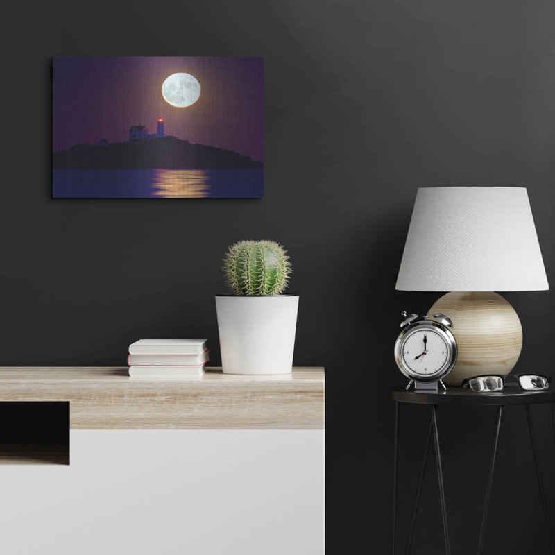 «The Nubble & The Full Moon» par Rick Berk, art mural en métal, 24 po x 16 po, H 16 po x l 24 po