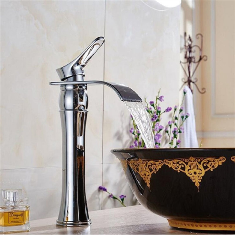 Burgos Single Handle Bathroom Sink Faucet with Drain – Chrome Finish, Waterfall Spout, Deck-Mount Design