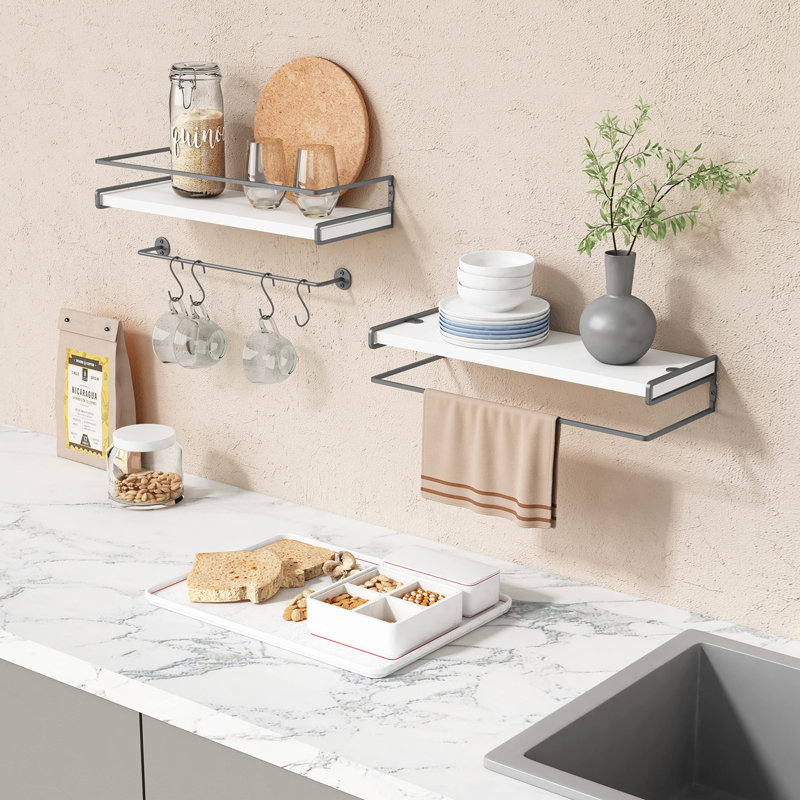 Bathroom Shelves Wall Mounted With Towel Rack Set Of 2, White/Gold