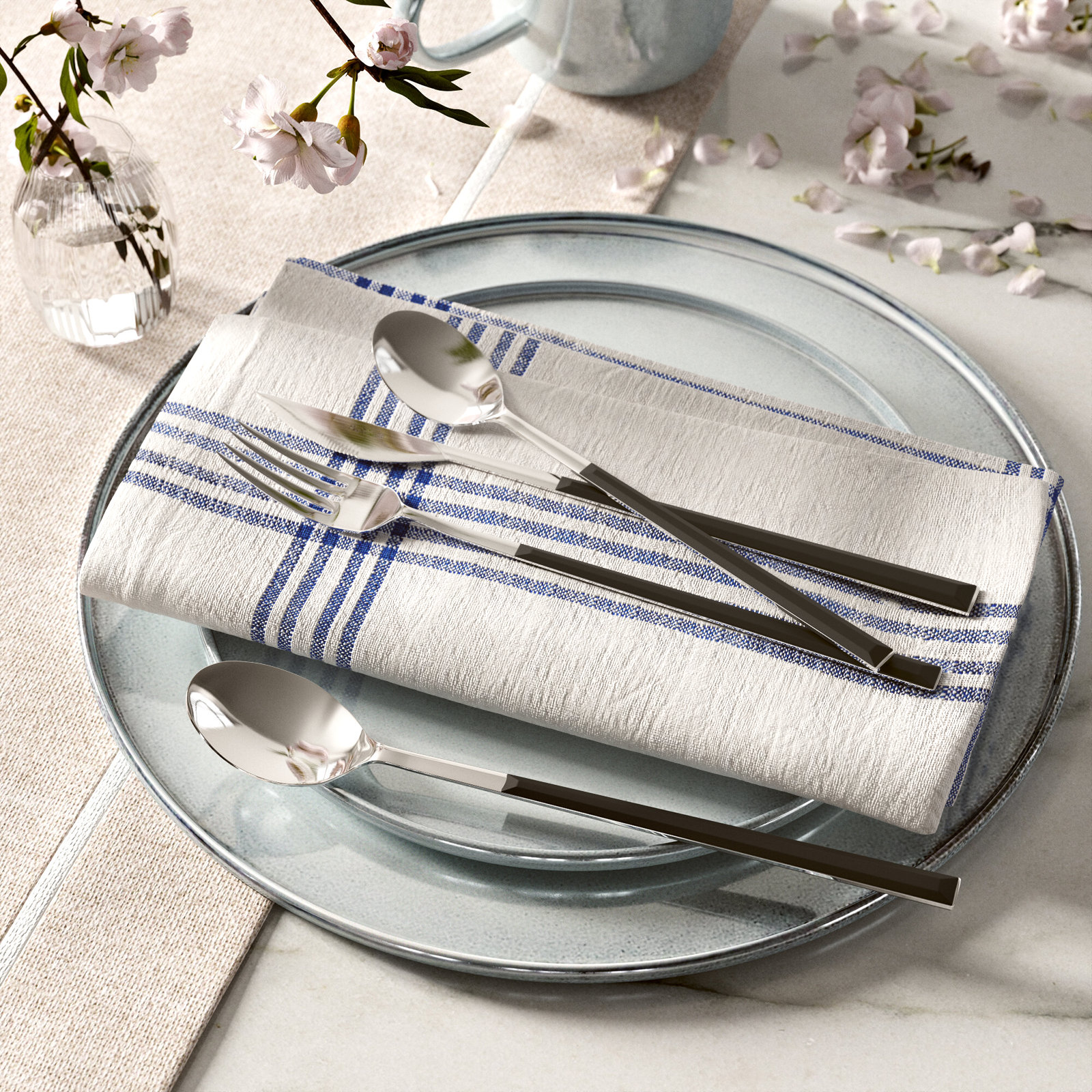 Panna Cotton Striped Square Napkin, Blue