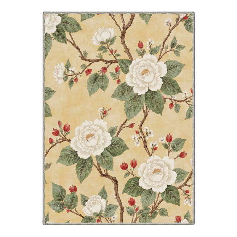 Aura Floral Machine Washable Yellow Indoor Area Rug with Non-Slip Backing, Rectangle 9' x 12'