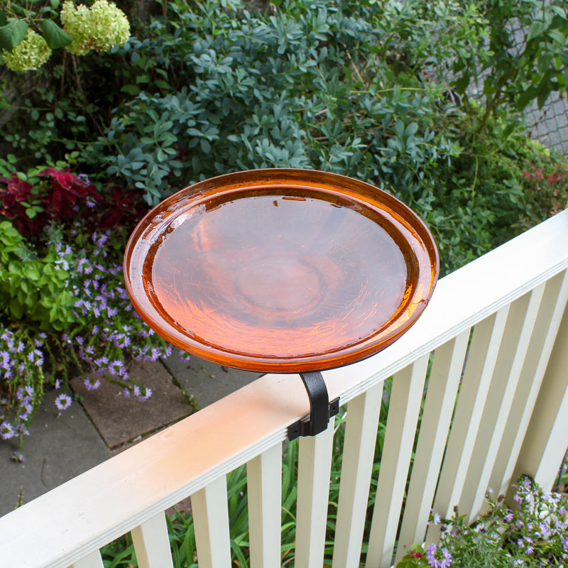 Mandarin Orange Crackle Glass Birdbath with Metal Stand