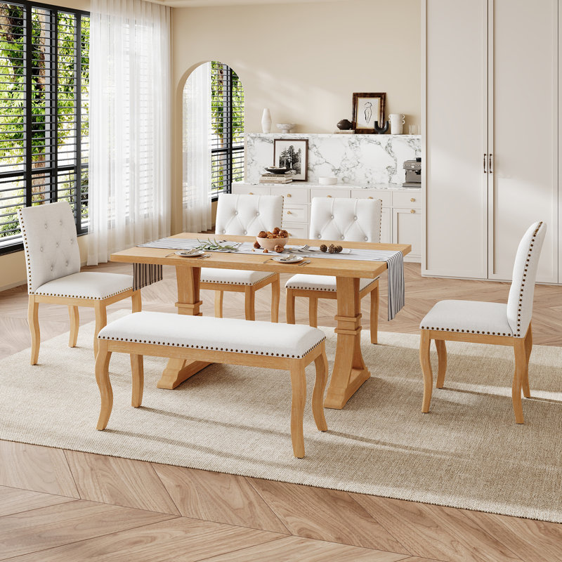 Ensemble de salle à manger 6 pièces, table de salle à manger rectangulaire et 4 chaises et banc rembourrés, plateau en placage de chêne, piédestal double, salle à manger de style Mid-Century moderne