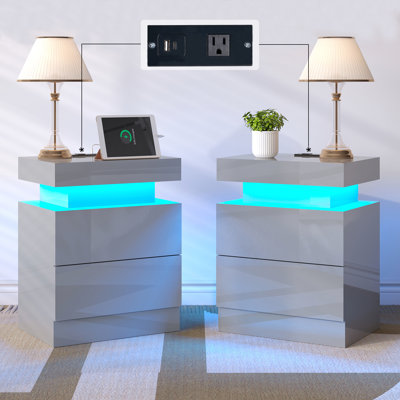 Macksen 2-Drawer Nightstand with USB Ports and Charging Station, Gray