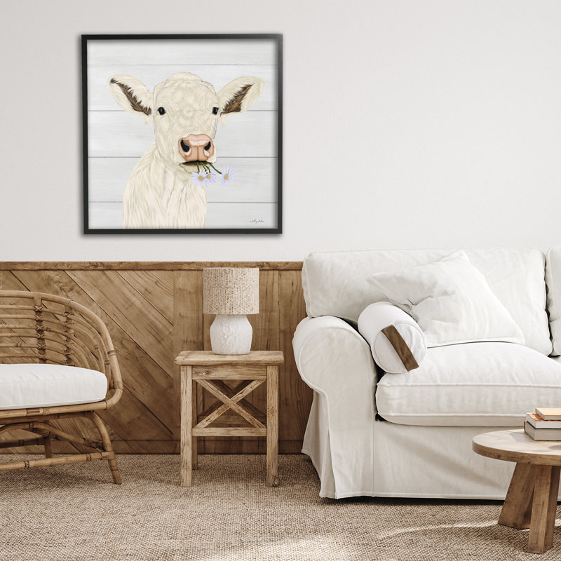 Portrait de bébé vache opale, estampe numérique, design par Ashley Justice, H 24 po x l 24 po, Giclée encadrée noir minuit