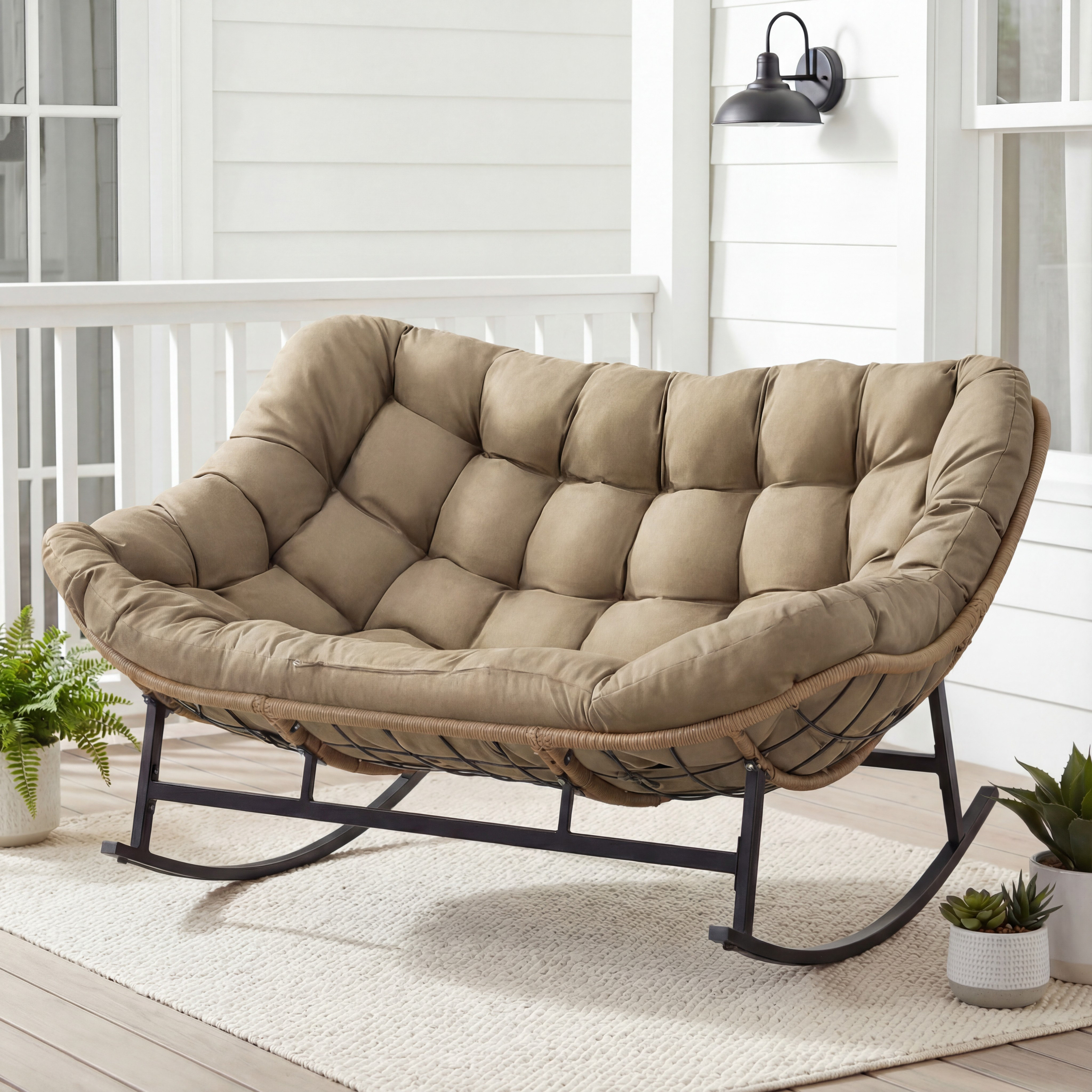 Oversized 2-Person Nest-Style Rocking Chair, Indoor/Outdoor Wicker Lounge Rocker with Cushion, Quiet Non-Slip Base - Brown