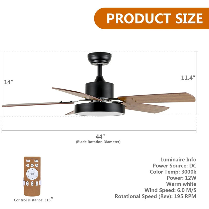 44-Inch Ceiling Fan With LED Light And Remote Control, 6-Speed Modes, 2 Rotating Modes, Timer, Improved Blades