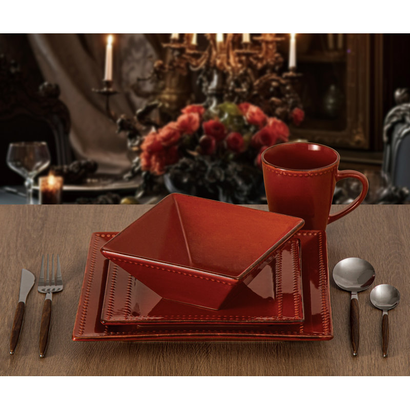 Service de table 16 pièces en grès perlé Lorren Home Trends, Rouge