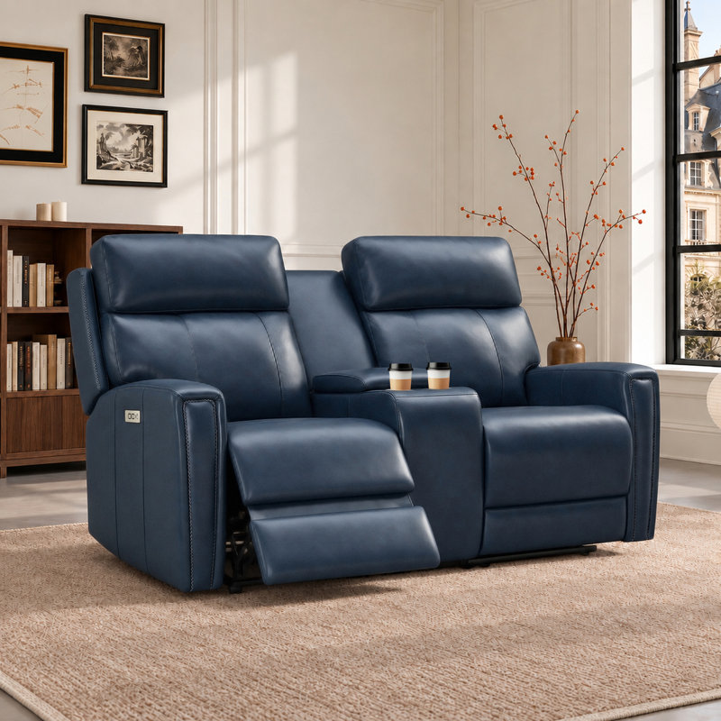 Causeuse inclinable en cuir véritable Ruddie, Cuir véritable bleu marine