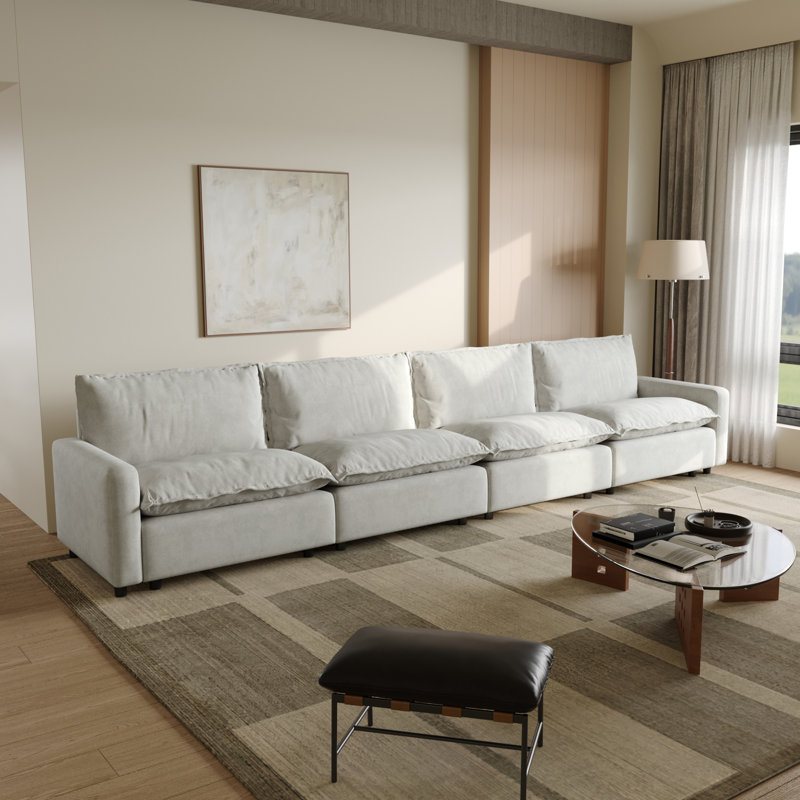 4-Piece Upholstered Modular Linen Fabric Sectional Sofa, Beige Linen