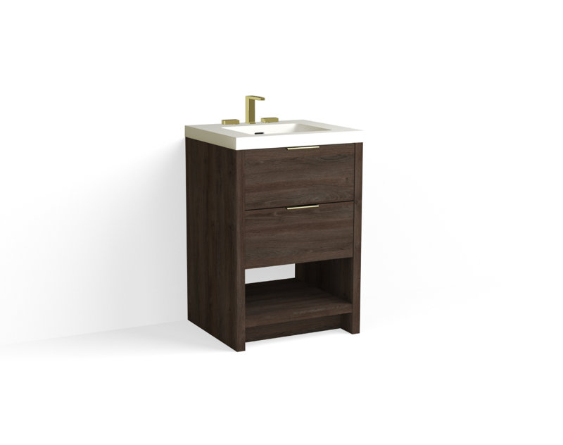 Vue 24" W Freestanding Single Bathroom Vanity, Matte White/8" Widespread, Satin Brass, Nocino