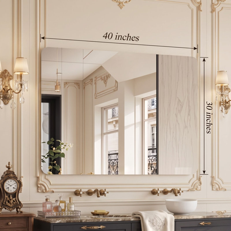 40" x 30" Rectangular Frameless Bathroom Wall Mirror with R50 Rounded Corners Horizontal and Vertical Hanging