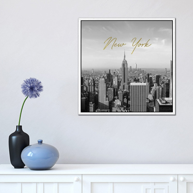 Golden New York - Print on Canvas, 45.72cm H x 45.72cm W x 3.81cm D, White Framed