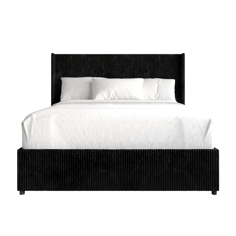 QUEEN SIZE WINGBACK PLATFORM LIFT UP STORAGE BED IN BLACK VELVET, BLACK, QUEEN