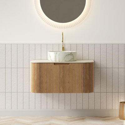 Meuble-lavabo de 30 po avec lavabo, meuble-lavabo rayé à bords arrondis avec tiroir, cuve en céramique ronde avec motif en pierre et plateau en pierre frittée à motif de travertin, pré-assemblé, couleur grain de bois naturel