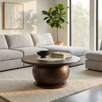 Table basse ronde moderne en marbre incrusté et bois de manguier pour salon - Petite table sculpturale pour coin détente - 79 cm, marron et beige