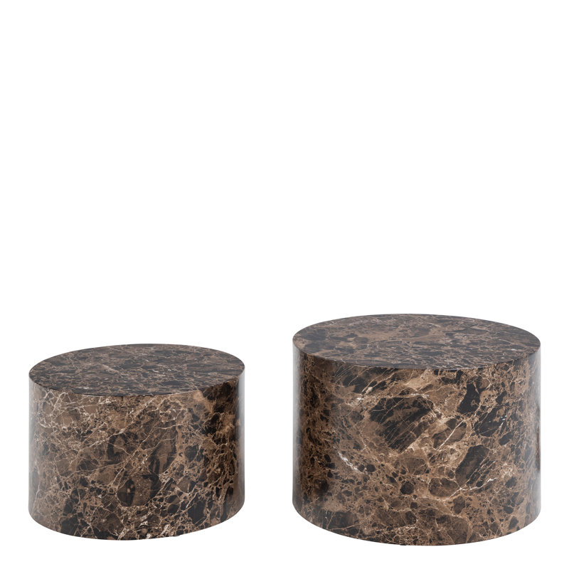Dice Round Coffee Table Set Of 2 In Brown Marble And Delhi Rough Paper, Brown