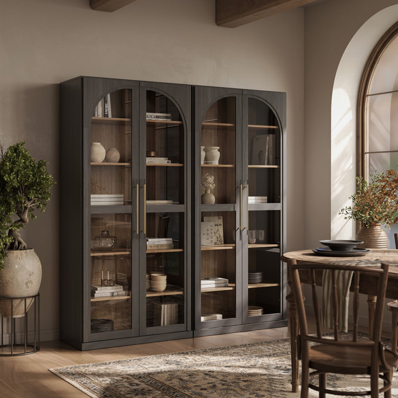 Set of 2 67" Storage Cabinet, 6 Shelf Glass Bookshelf, Ebony, Ebony