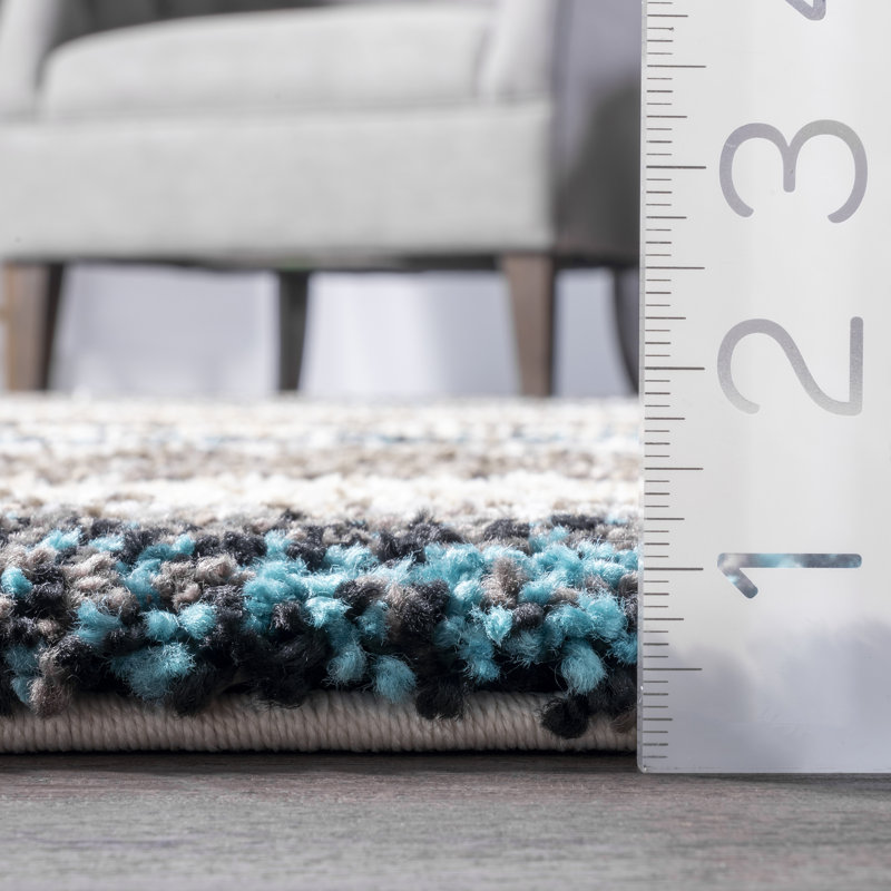 City Striped Shag Tufted Performance Brown/Teal/Blue Rug, Square 10'