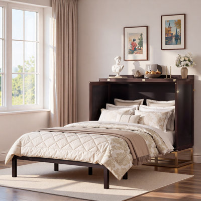 Lit escamotable avec faux tiroirs, motif à rayures verticales, base en métal à haut dégagement et poignées en métal doré