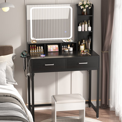 Small Makeup Vanity Desk With Power Outlet, Vanity Desk With Mirror And Lights