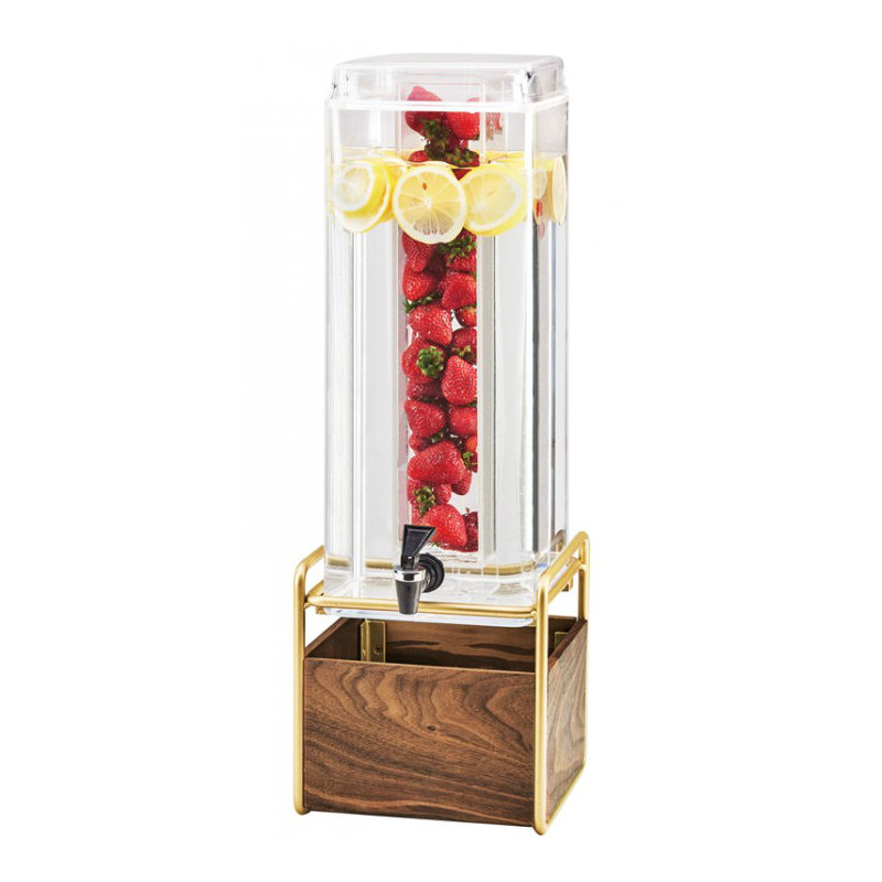 Mid-Century 3 Gallon Square Beverage Dispenser with Walnut and Base and Infusion Chamber, Brass