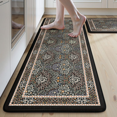 Ensemble de 2 tapis de cuisine anti-fatigue à motif floral botanique vintage, antidérapants et rembourrés.