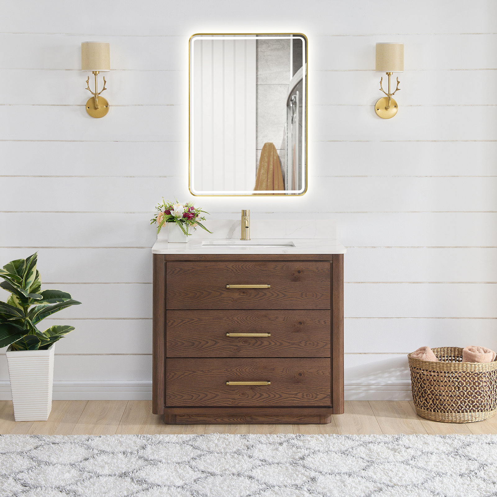 Porto 36'' Single Bathroom Vanity, Dark Brown, Gold