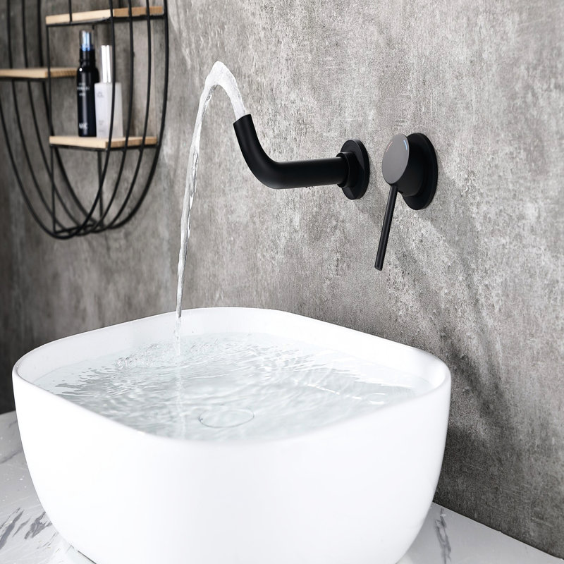 Wall Mounted Faucet For Bathroom, Matte Black, Strong Metal Construction, 2 Holes Single Handle With Versatile Spout And Long-Lasting Finish Bathroom Faucet, Metal, 360-Degree Swivel Drip- Cartridge