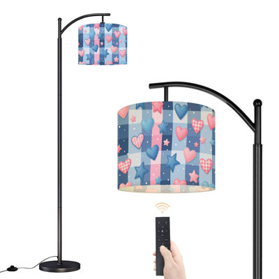 Arc Floor Lamp Pink Blue Hearts Stars Seamless Checkered Plaid Floor Lamps with Remote LED Lights Adjustable Lamp Shades Tall Standing Lamps for Reading Office Living Room