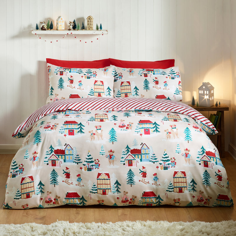 Christmas Mouse Town Reversible Duvet Cover Set, Double