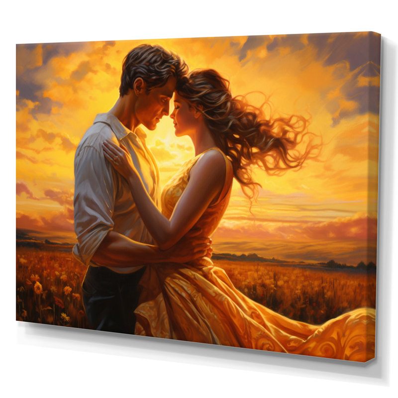 Kayzlyn, Couple romantique, paysage, Étreinte lumineuse II, H 12 po x l 20 po x P 1 po, Toile tendue