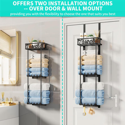 3-Tier Over The Door Towel Rack With Wall Mount, Metal Shelf Basket & 6 Hooks For Bathroom Storage And Organization