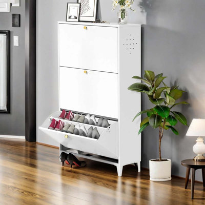 Armoire à chaussures 3 tiroirs tout en acier, range-chaussures autoportant avec porte rabattable, armoire à chaussures avec seau basculant moderne pour entrée, couloir, chambre à coucher