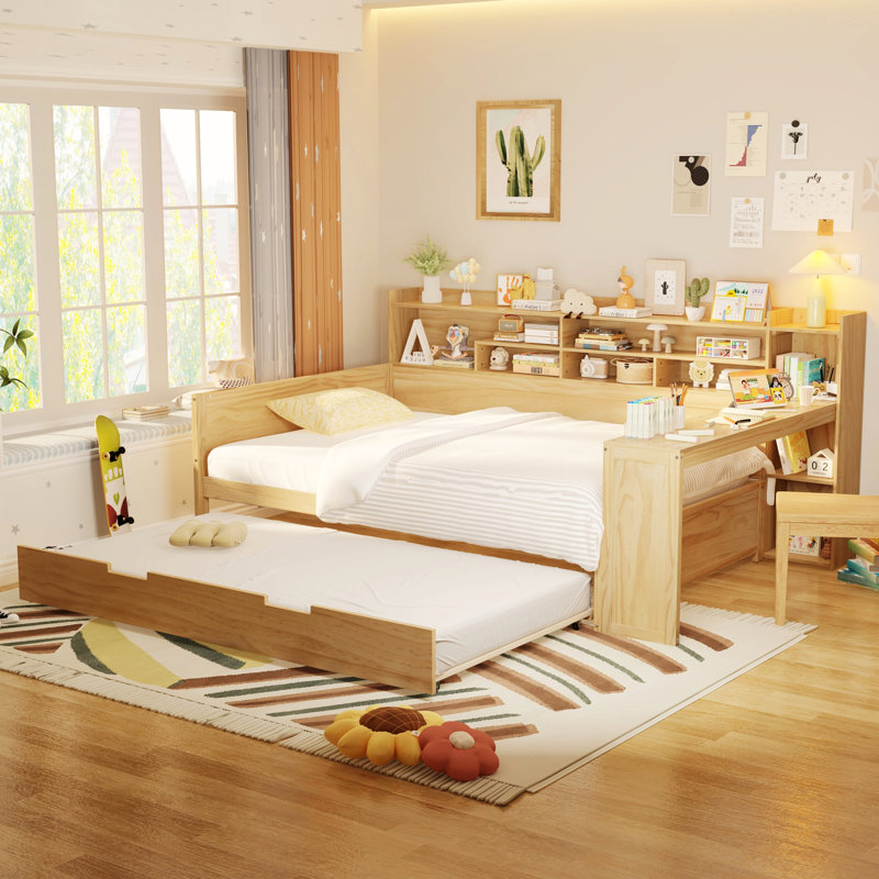 Modern Style Bed Frame, Wooden Daybed with Storage Shelves, Trundle Bed, and Study Desk