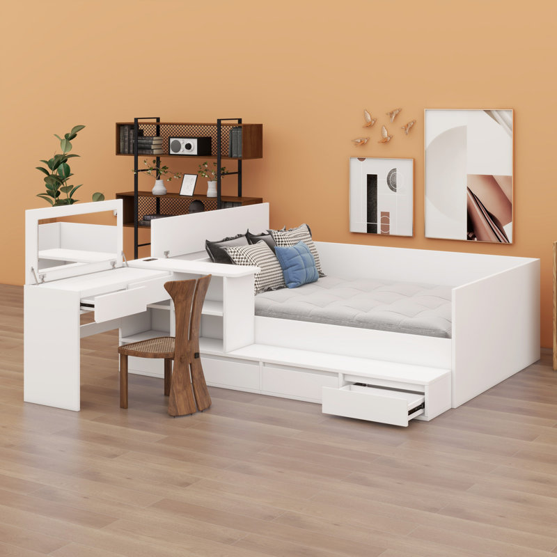 Lit plateforme en bois avec tiroirs, tablettes et coiffeuse, Blanc