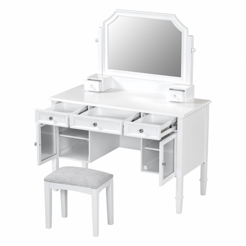 44.4" Makeup Vanity Desk With Large Adjustable Mirror, Dressing Table Set With Drawer & Cabinet, Space-Saving Beauty Station For Bedroom, White