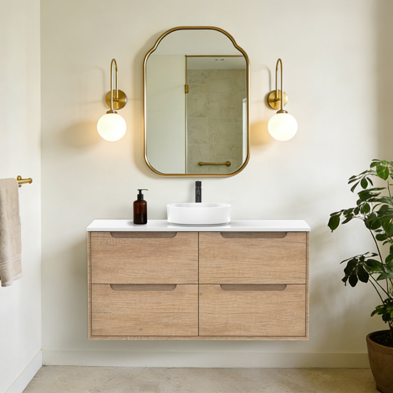Meuble-lavabo mural en chêne naturel avec vasque ronde en céramique, 48"