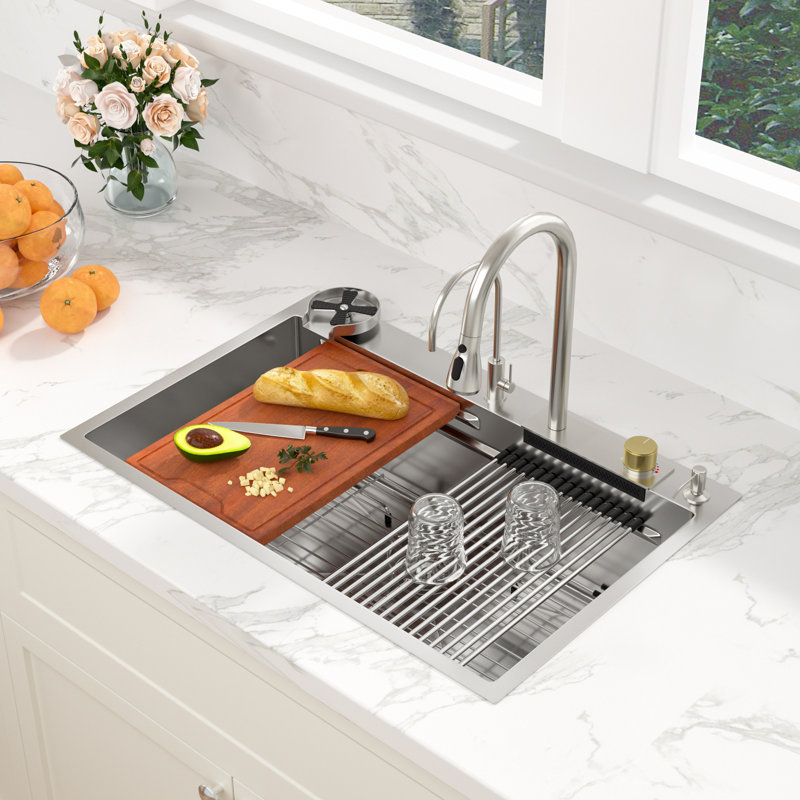 33" L x 22" W Drop-In Waterfall Kitchen Sink Single Bowl 304 Stainless Steel Workstation with Waterfall Faucet Combo and Cup Sprayer