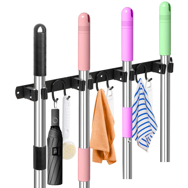 Support mural pour balai, support de balai à vadrouille en acier inoxydable avec 4 fentes et 6 crochets, rangement mural pour rangement pour outils pour jardin de cuisine, salle de lavage et véhicule récréatif, paquet de 1, noir