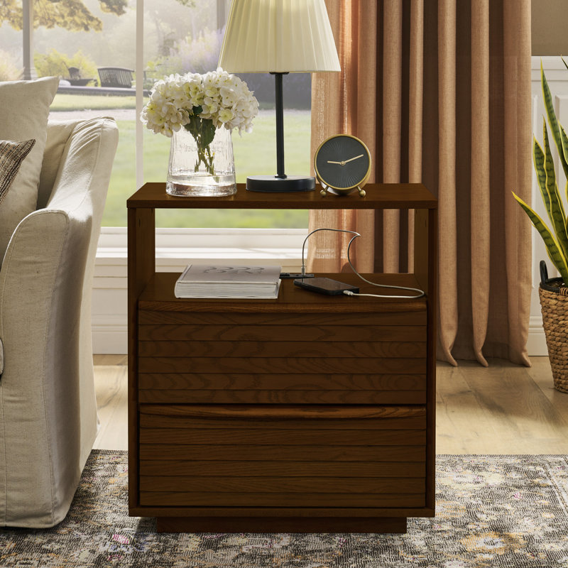 Table de bout Design avec table de chevet de qualité supérieure, station de charge et 2 tiroirs en bois massif de style Mid-Century