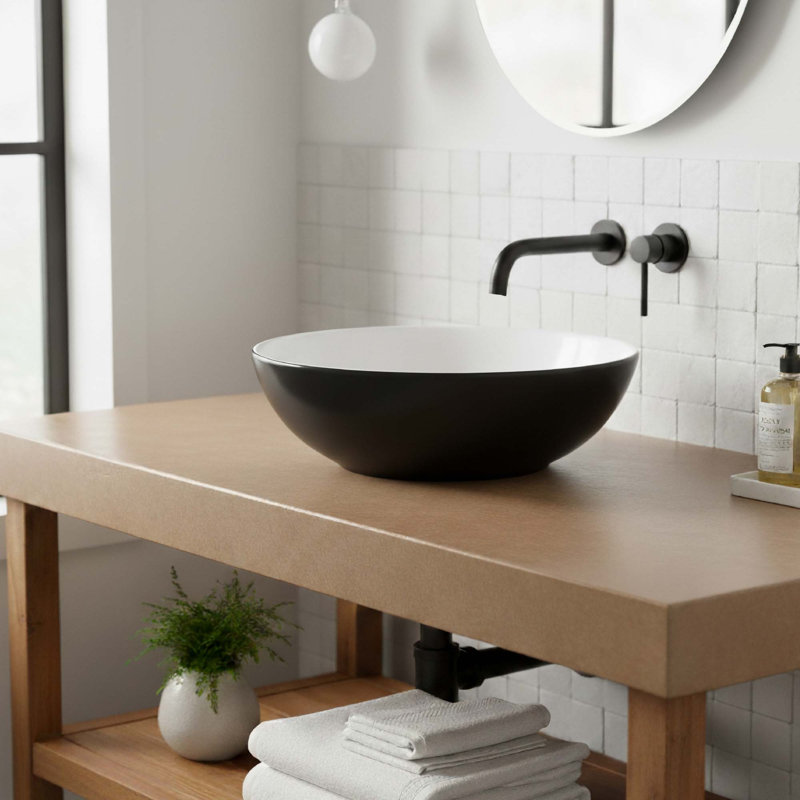 16" Round Ceramic Vessel Bathroom Sink – Modern Textured Interior Bowl Design in Black, Black