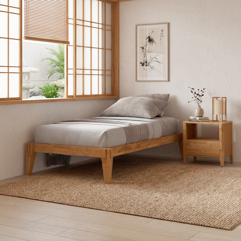 Base de lit plateforme en bois massif Jamerian sans tête de lit, lit moderne, Simple, Brown