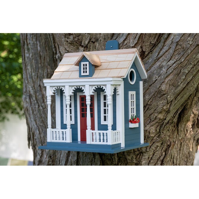 Blue and Red Coastal Cottage Bird House with White Trim