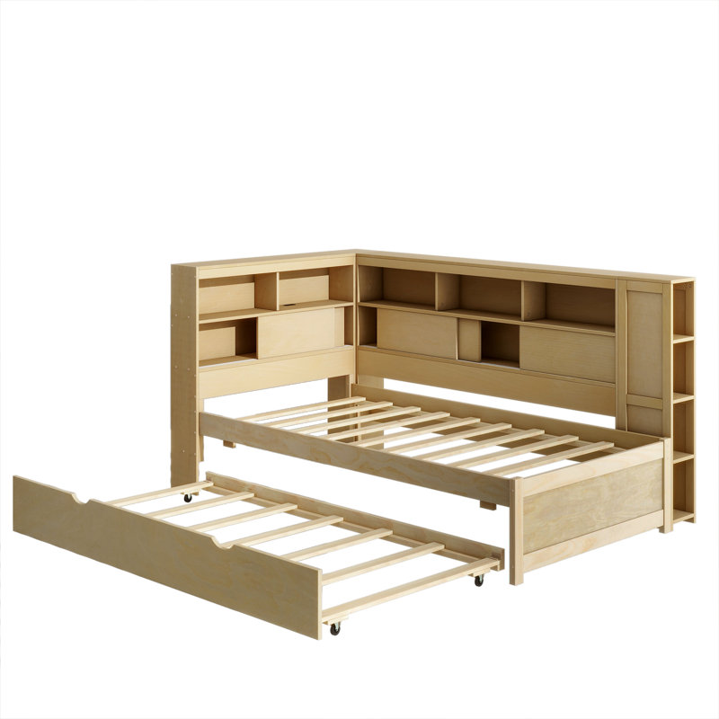 Lit de jour simple en bois avec lit gigogne et tablettes de rangement USB, Naturel